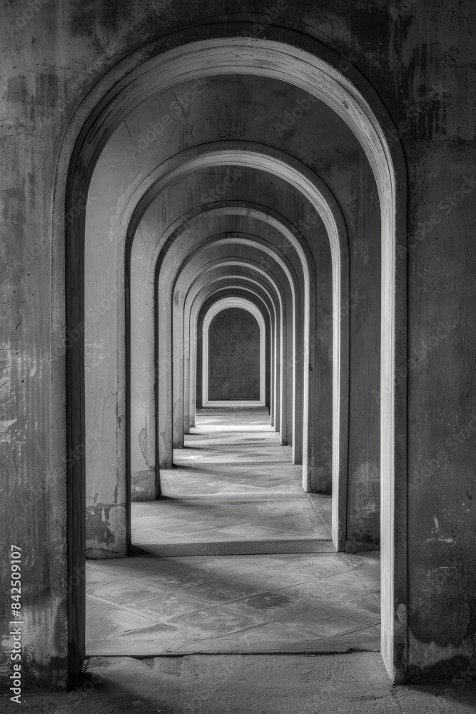 A plain door framed by a series of minimalist arches, each arch slightly larger than the one before, creating a sense of depth and perspective. The background remains solid and neutral A plain door framed by a series of minimalist arches, each arch slightly larger than the one before, creating a sense of depth and perspective. The background remains solid and neutral