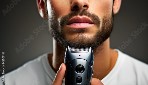 Extreme close-up of a beautiful young man while trimming his beard with his electric razor on a dark background with copy space. Generative Ai. photo