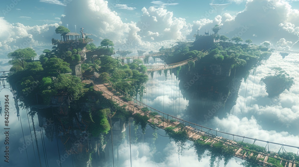 Floating islands with lush vegetation, connected by rope bridges ...