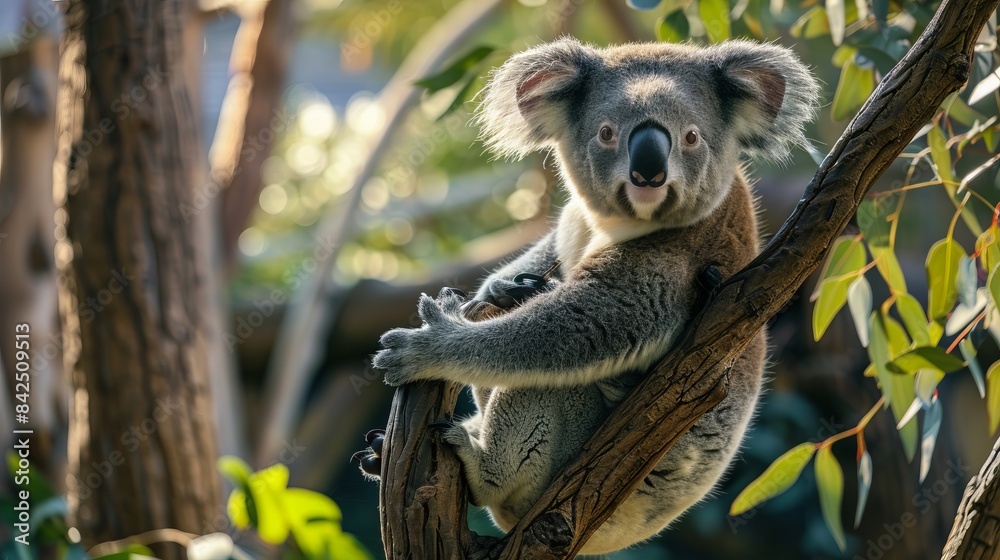 Fototapeta premium A close-up image of a koala sitting on a tree branch in the wild. The photo captures the natural habitat beautifully. This nature photograph can be used for environmental awareness projects. AI