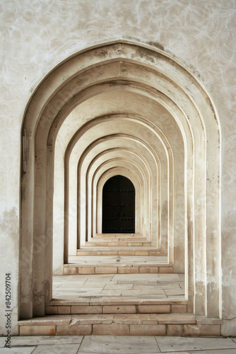 A plain door framed by a series of minimalist arches  each arch slightly larger than the one before  creating a sense of depth and perspective. The background remains solid and neutral