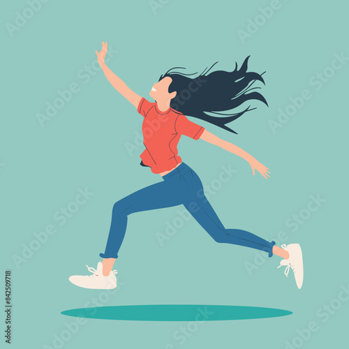 Young woman celebrates freedom running reaching out. Excited female casual clothes hair flowing exudes joy energy. Energetic leap ground against teal background symbolizes happiness