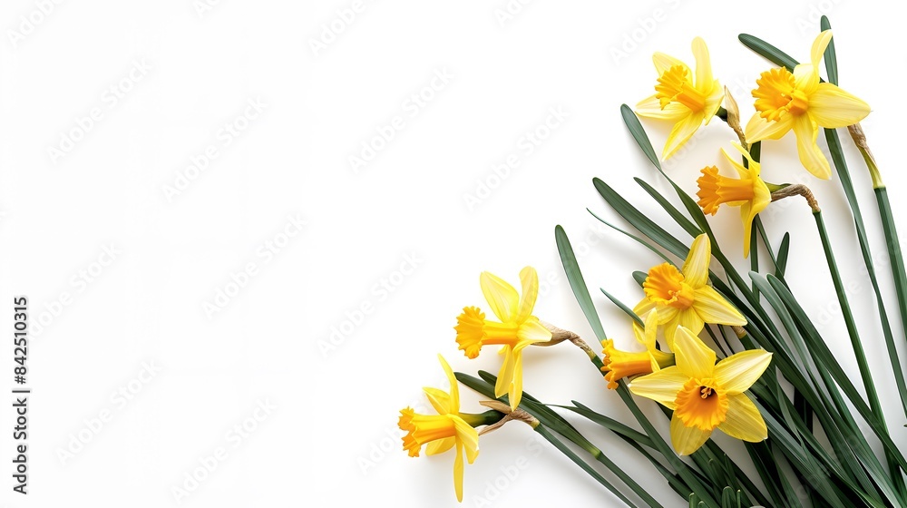 Beautiful composition of spring flowers and leaves on white background with copy space Beautiful composition of spring flowers and leaves on white background with copy space