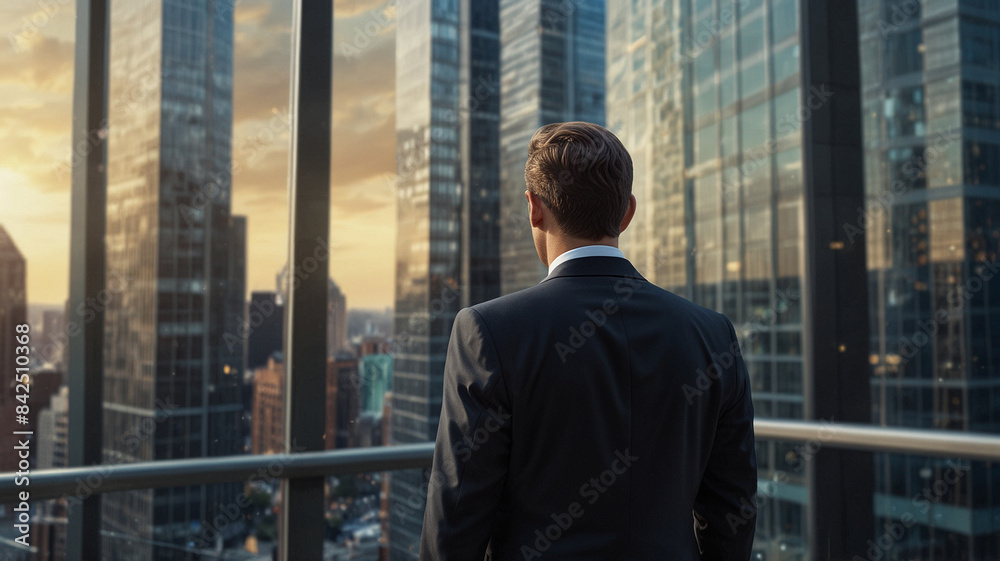Back of young businessman in suit standing in front of modern office, business growth concept. Back of young businessman in suit standing in front of modern office, business growth concept.