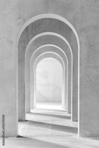 A plain door framed by a series of minimalist arches, each arch slightly larger than the one before, creating a sense of depth and perspective. The background remains solid and neutral © grey