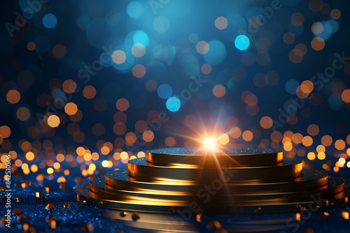 Generative AI : Festive Christmas abstract stage scene background with snow and defocused lights Blue and yellow Golden tones evening copy space,Stacks of gold coins on bokeh background

