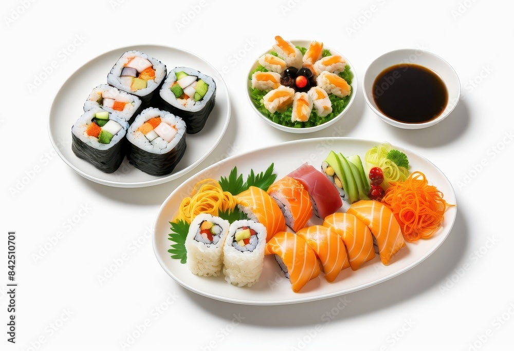 a white plate topped with sushi next to a cup of coffee a white plate topped with sushi next to a cup of coffee