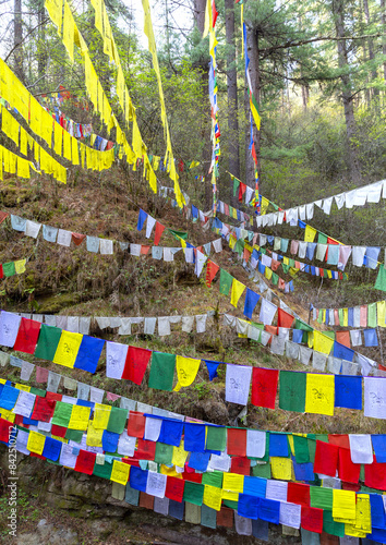 Prayer flags in Tang Chhu River, Bumthang, Mo Chhu, Bhutan photo