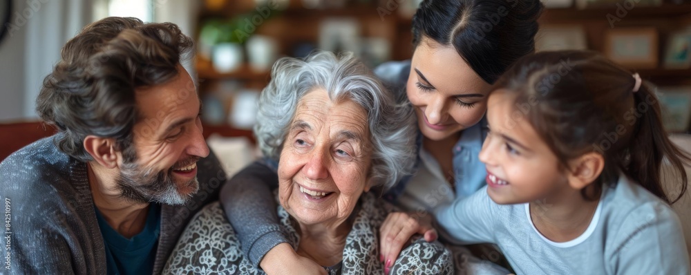 Loving family gathering around an elderly woman, warm smiles and caring gestures, cozy living room, multigenerational support, isolated on white background, copy space Loving family gathering around an elderly woman, warm smiles and caring gestures, cozy living room, multigenerational support, isolated on white background, copy space