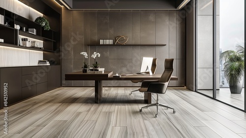 A modern office interior with wooden floors and minimalist design. © PhornpimonNutiprapun