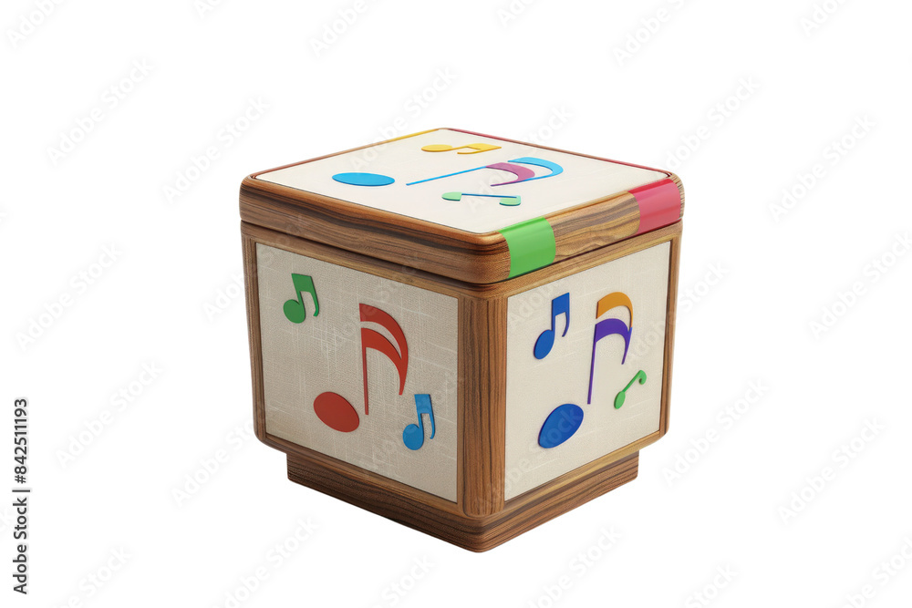 Obraz premium Wooden Box With Colorful Notes On It, Musical Instrument, Clipart, Illustration, Isolated On Transparent Background.