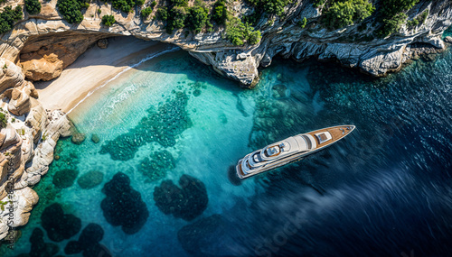 Fototapeta Naklejka Na Ścianę i Meble -  A luxury yacht anchored in a secluded turquoise bay surrounded by lush green cliffs and trees