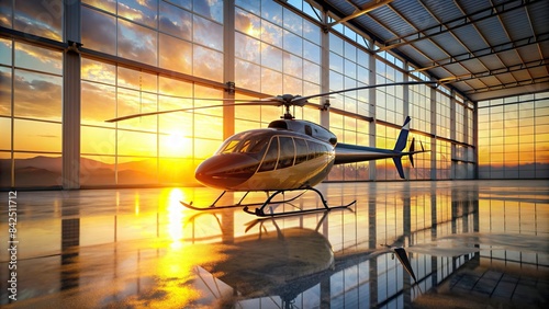 A sleek helicopter rests gracefully in a hangar, bathed in the golden hues of a setting sun streaming through expansive windows, reflecting off the polished floor, helicopter, hangar