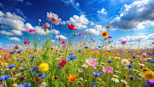 A vibrant field of wildflowers blooms beneath a cerulean sky, the soft wind gently swaying the delicate petals. The landscape is painted in pastel hues, reminiscent of a classic anime scene