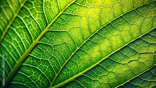 A vibrant green leaf with intricate veins, bathed in soft sunlight, creating a textured and abstract background, leaf, green, nature, texture, background, abstract, close up, macro, botany photo