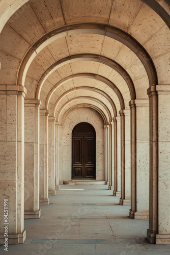 A plain door framed by a series of minimalist arches, each arch slightly larger than the one before, creating a sense of depth and perspective. The background remains solid and neutral © grey