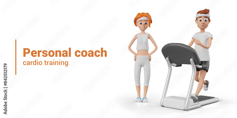 Personal trainer. Woman in sportswear stands next to treadmill on which man runs Personal trainer. Woman in sportswear stands next to treadmill on which man runs