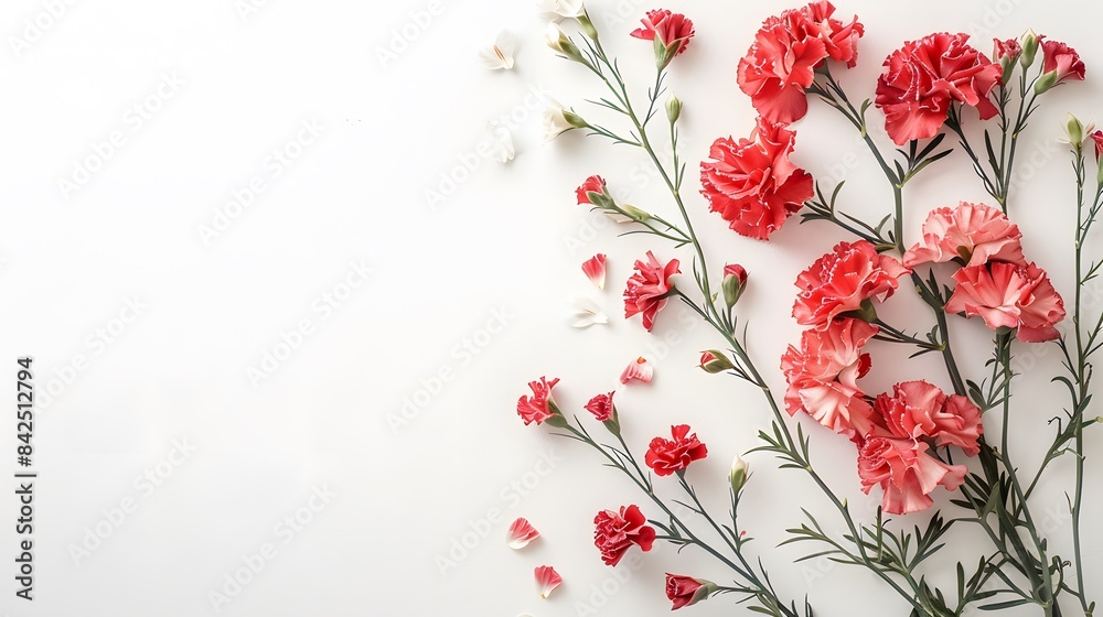 Beautiful composition of spring flowers and leaves on white background with copy space Beautiful composition of spring flowers and leaves on white background with copy space