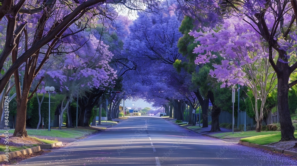 Fototapeta premium Empty street covered by blooming purple jacaranda trees : Generative AI