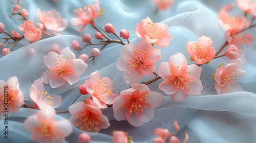 Soft Peach Blossom Branches on Light Blue Fabric Background