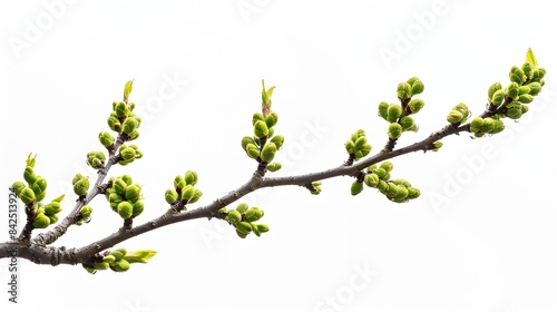 Spring tree branch with green buds isolated on white background : Generative AI