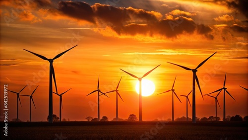 A wind farm stands silhouetted against a setting sun, its turbines turning slowly as a global energy crisis unfolds, renewable energy, wind power, energy crisis, climate change, wind turbine