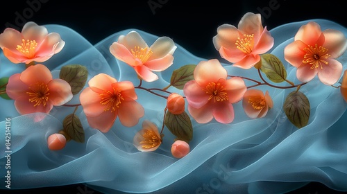Elegant Peach Blossoms with Delicate Blue Fabric Background