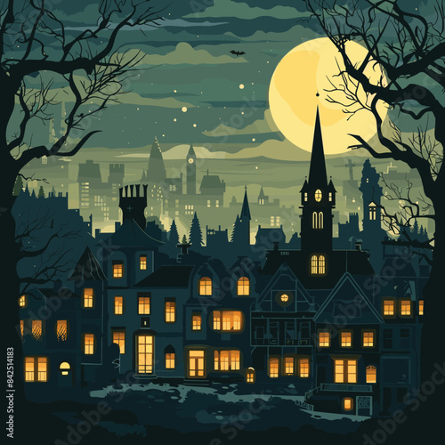 Gothic style architecture dominates eerie night scene, moonlit cityscape backdrop, mysterious ambiance suggested twilight colors. Victorian mansion foreground stands under full moon, silhouetted