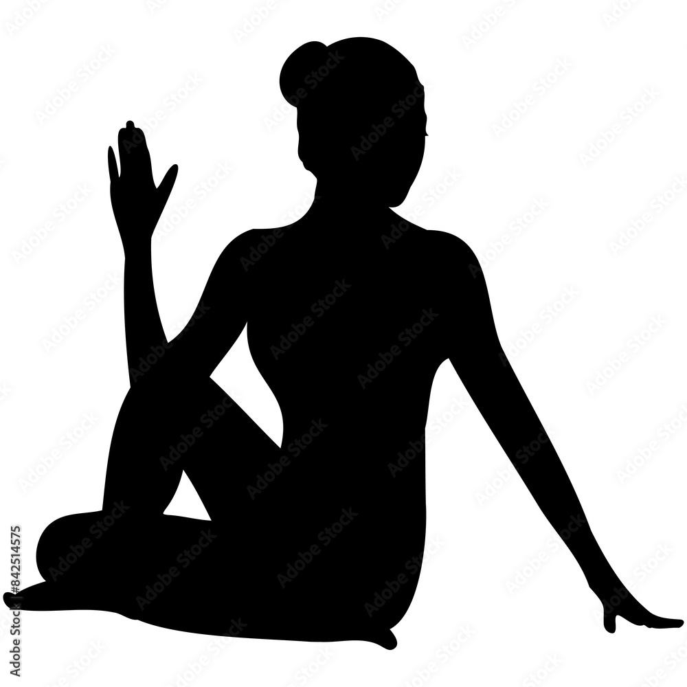 Yoga Woman Silhouette.Silhouettes of woman sitting with legs crossed in padmasana with arms in different positions. Yoga pose for relaxation and meditation. Shapes of slime.the illustration on the the