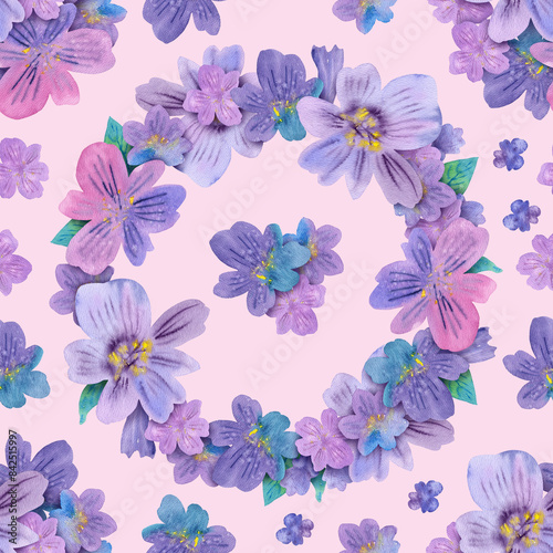 Seamless pattern of watercolor flowers floral lilac wreath. Botanical hand painted floral elements. Hand drawn illustration. On pink background. For fabric  wrapping paper  wallpaper  decor gift card