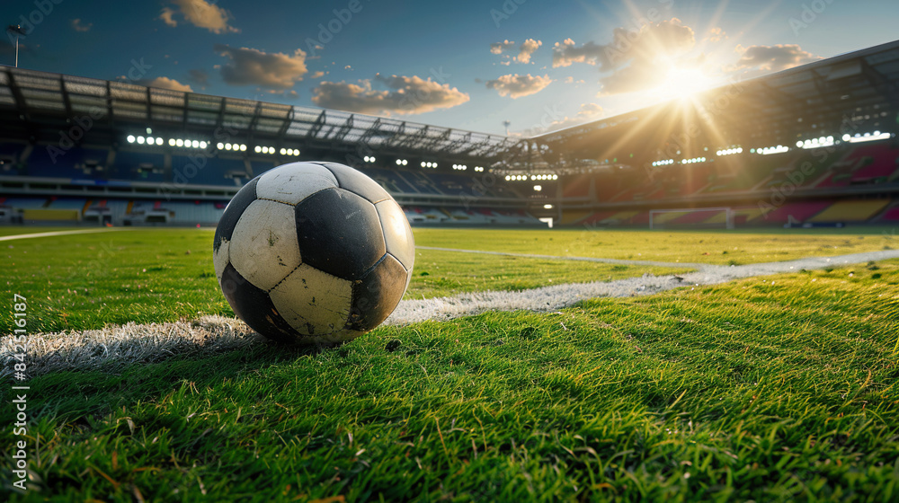Naklejka premium I imagine an image of a soccer ball on a stadium field under the sky, surrounded by green grass, representing the excitement of the game