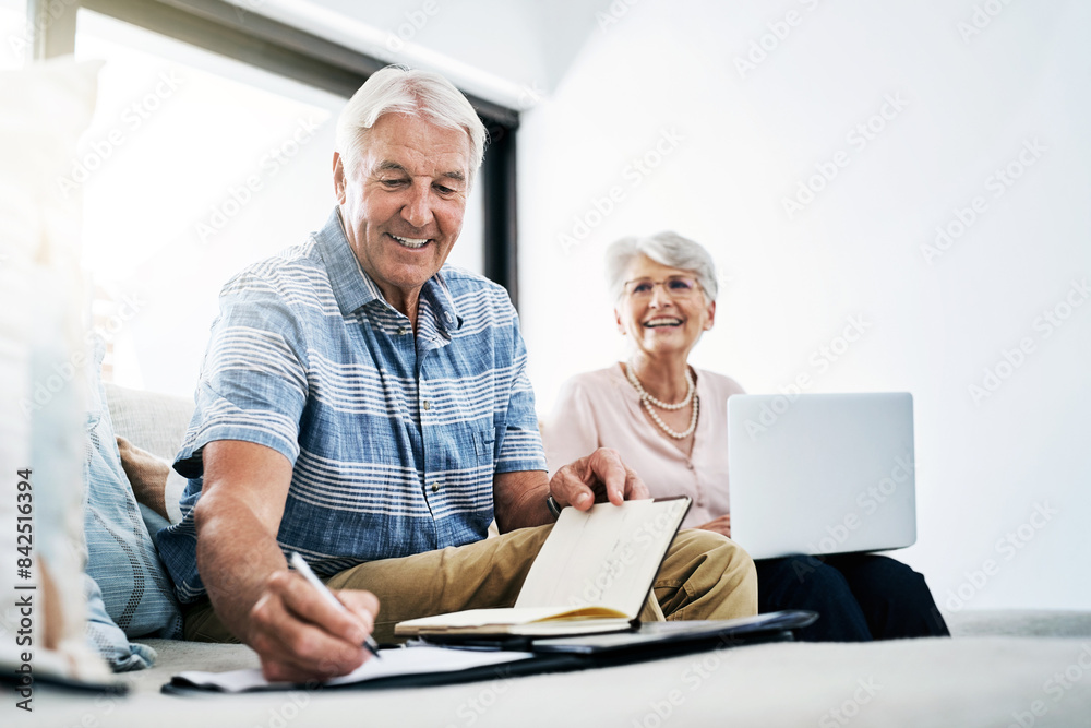 Laptop, writing and senior couple in home planning for retirement fund, savings and asset management. Online, computer and elderly man and woman with budget notes for bills, mortgage and debt payment Laptop, writing and senior couple in home planning for retirement fund, savings and asset management. Online, computer and elderly man and woman with budget notes for bills, mortgage and debt payment