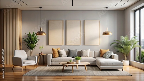 A modern living room featuring a large blank wall, perfectly prepped for displaying artwork or a gallery wall. The space is stylish and minimalist photo