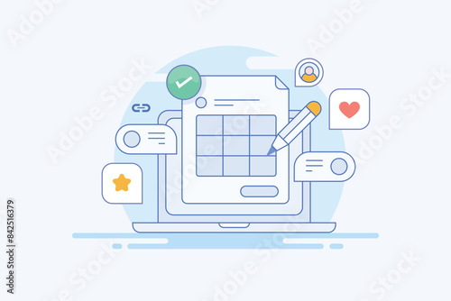 Content creation sharing on social media web publication filled outline vector illustration.