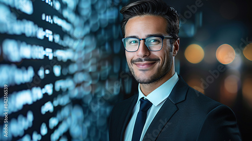 Portrait of a handsome businessman in a suit and glasses standing against a digital data background