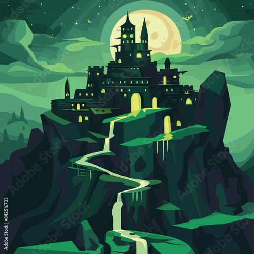Mystical castle perched atop craggy cliff under full moon, surrounded greentinged nocturnal landscape. Starry night sky overlooks towering gothic structure flowing waterfalls winding pathways