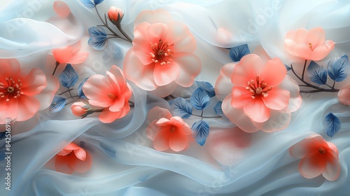 Delicate Pink Flowers on Flowing Blue Fabric Background
