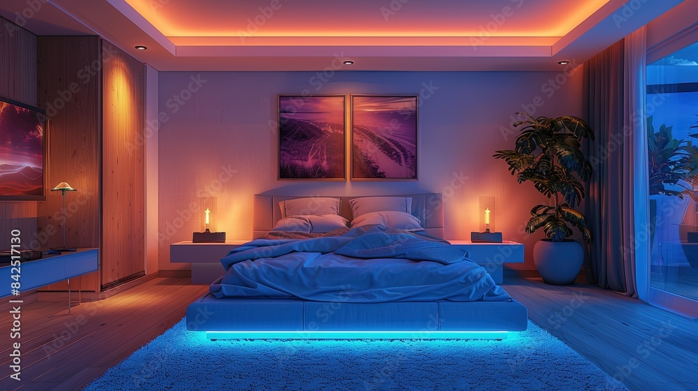 A bedroom with a bed, nightstand, and a plant. The room is lit up with blue lights, creating a calming and relaxing atmosphere A bedroom with a bed, nightstand, and a plant. The room is lit up with blue lights, creating a calming and relaxing atmosphere