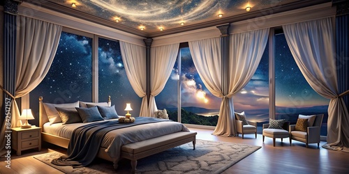 A luxuriously appointed sunken bedroom with plush bedding, draped curtains, and a breathtaking view of a starlit night sky, all rendered in hyperrealistic detail using AI photo