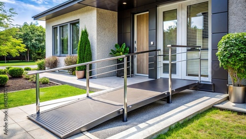 A modern, sleek wheelchair ramp leading to the front entrance of a house, designed for accessibility and ease of use, wheelchair ramp, accessibility, house entrance, modern architecture