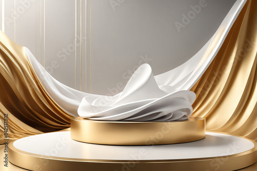 3D product display podium with golden and white curved lines and cloth wave mockup