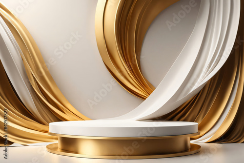 3D product display podium with golden and white curved lines and cloth wave mockup