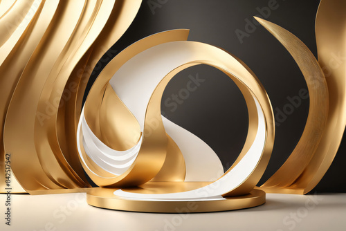 3D product display podium with golden and white curved lines and cloth wave mockup