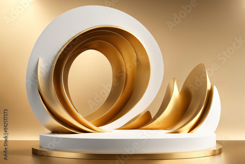 3D product display podium with golden and white curved lines and cloth wave mockup