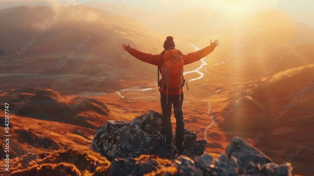 Obraz premium Hiker at Sunrise on Mountain Peak, Arms Outstretched, Embracing Adventure