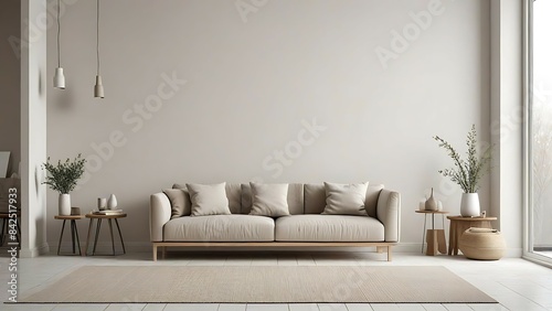 Modern living room interior with gray sofa and plant. 