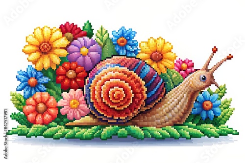 A charming pixel art snail with a colorful shell crawls along a path of vibrant flowers, set against a pure white background, pixel art, snail, flowers, white background,cute, cartoon, nature