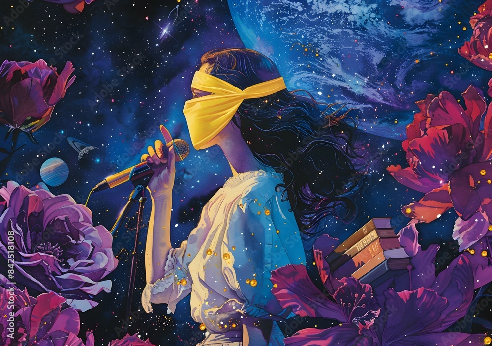 Fototapeta premium Woman Singing in Space with Flowers