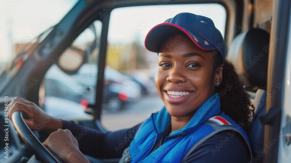 Happy black female courier driving the delivery van in the city and looking at the camera. Happy black female courier driving the delivery van in the city and looking at the camera.