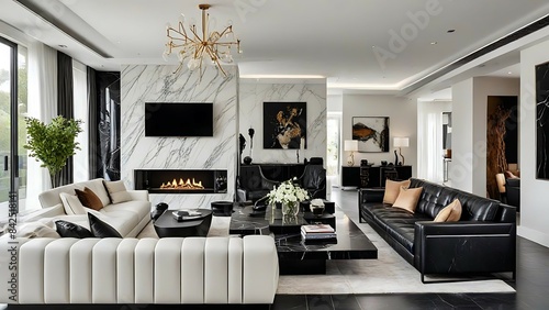 Luxurious black and white living room with fireplace. photo